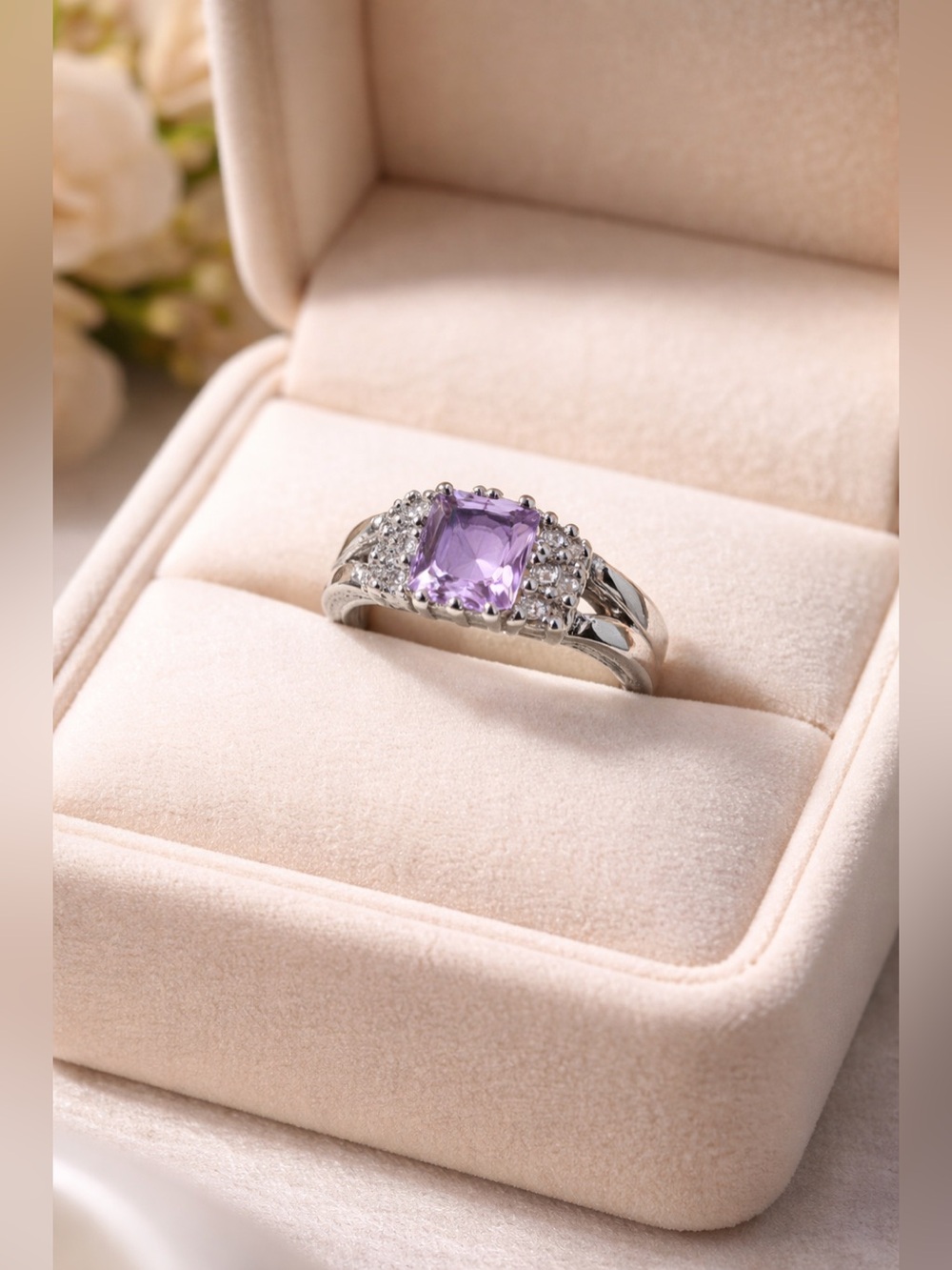 Platinum Ring with amethyst Center Stone